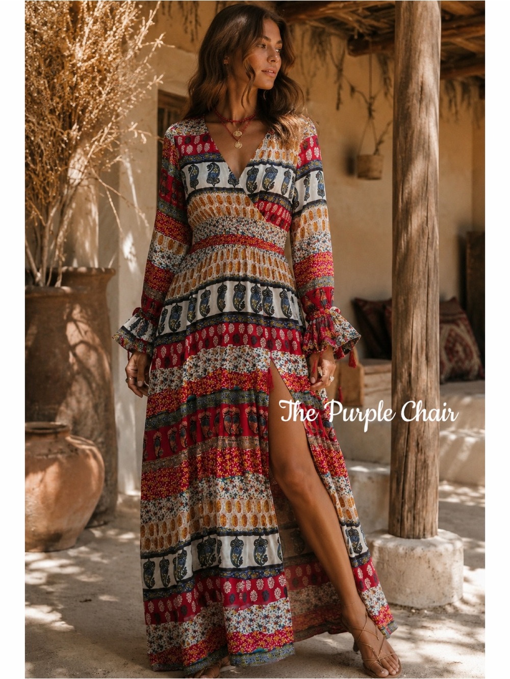 LULUS NWT Long Sleeve She's a Vision Mixed Prints Maxi Dress M